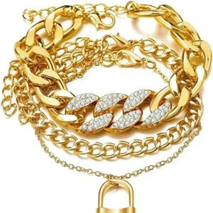 Vintage Rhinestones Chunky Ankle Bracelets Gold Chain Beach Lock Anklet Bracelet